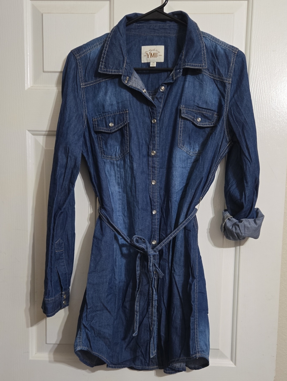 YMI Indigo Denim Shirt Dress with Tie Waist